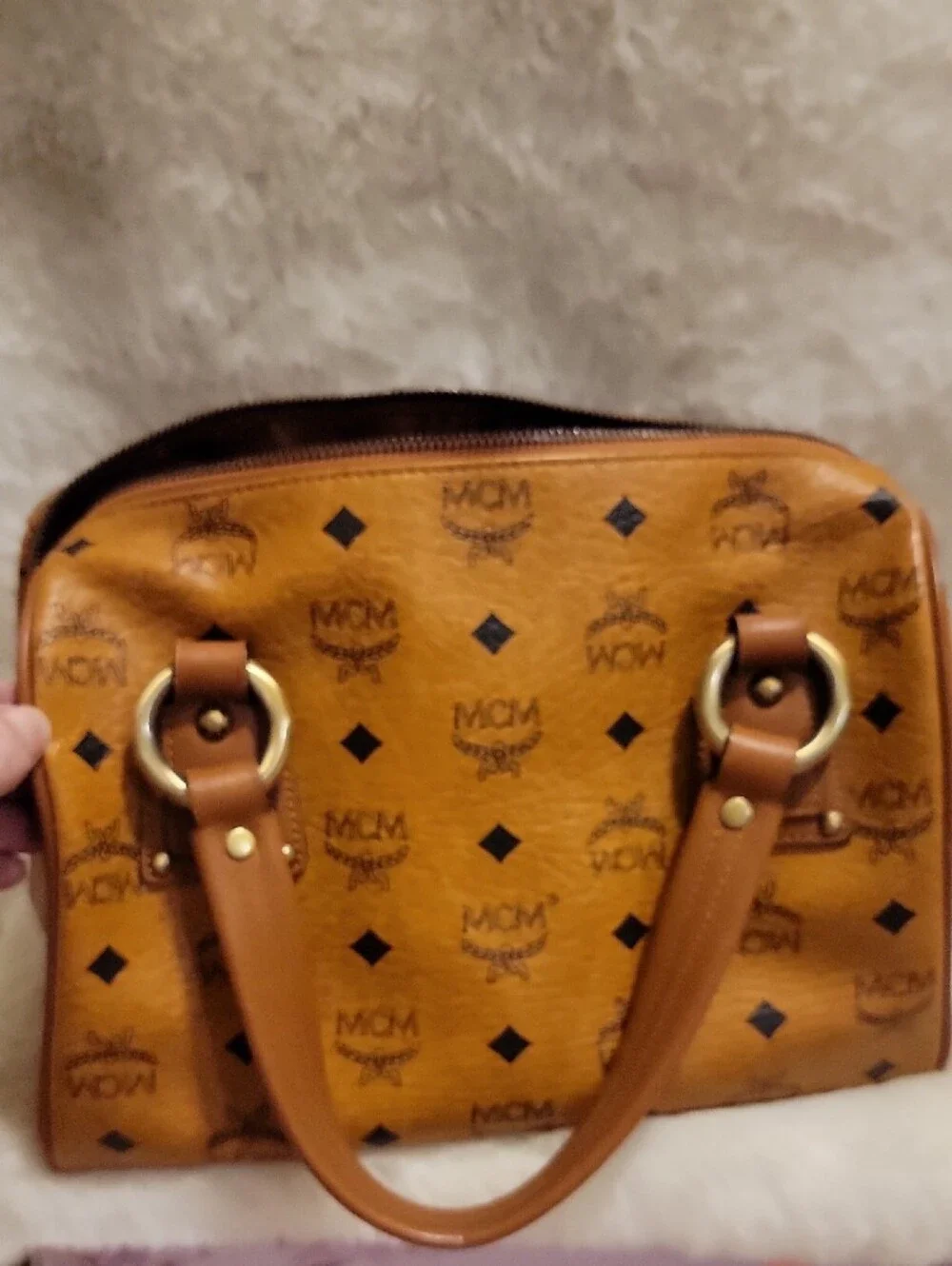 MCM Cognac Logo Visetos Satchel with Gold Hardware and Dog Bone Purse Charm